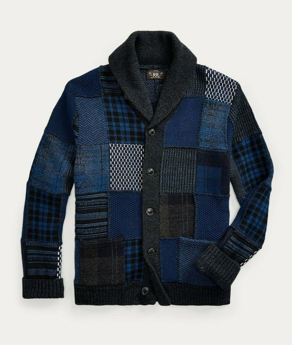 RRL Ralph Lauren Wool Shawl Patchwork Cashmere Blue Cardigan Men Extra-Large XL