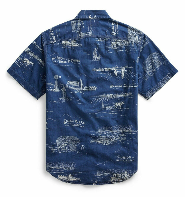 RRL Ralph Lauren 1940's Farming Western Print Blue Button Shirt Men's Large L