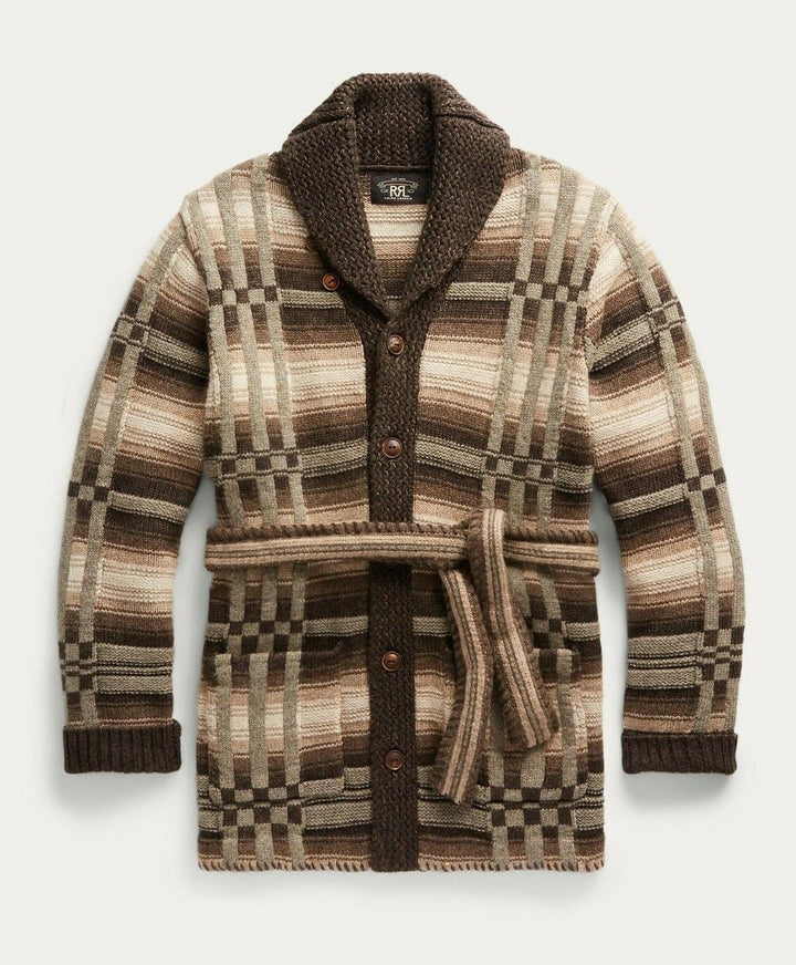 RRL Ralph Lauren Hand Knit Wool Brown Ranch Long Belt Cardigan Men's Large L