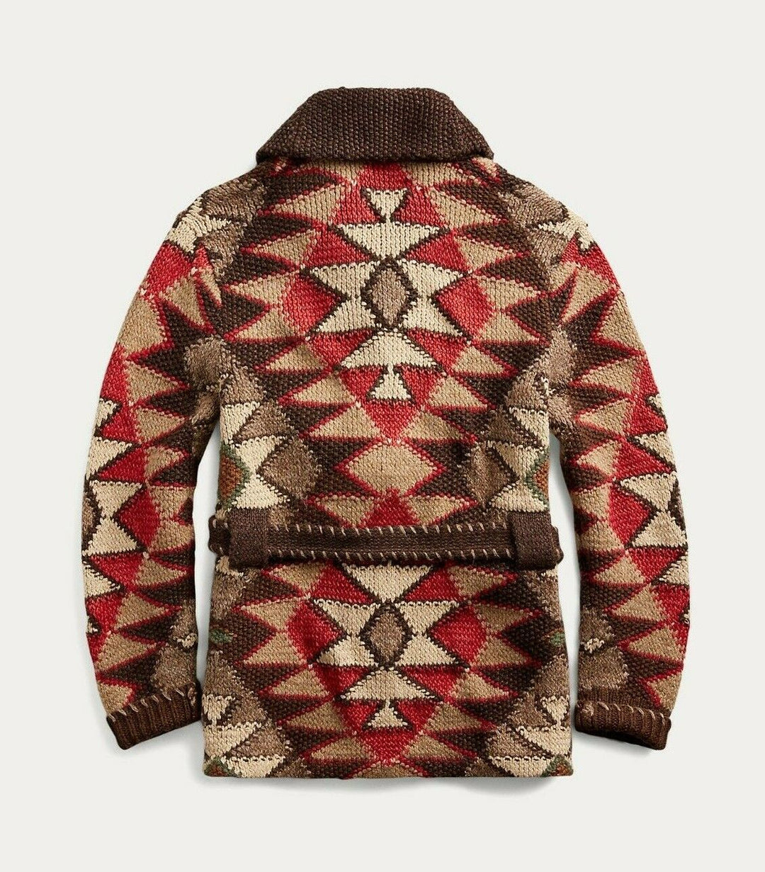 RRL Ralph Lauren Hand Knit Wool Brown Ranch Long Belt Cardigan Men's Large L