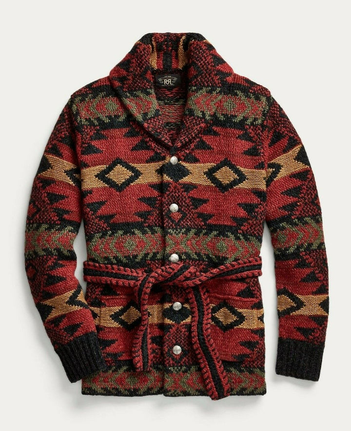 RRL Ralph Lauren Hand Knit Wool Red Ranch Long Belt Cardigan Men's Large L