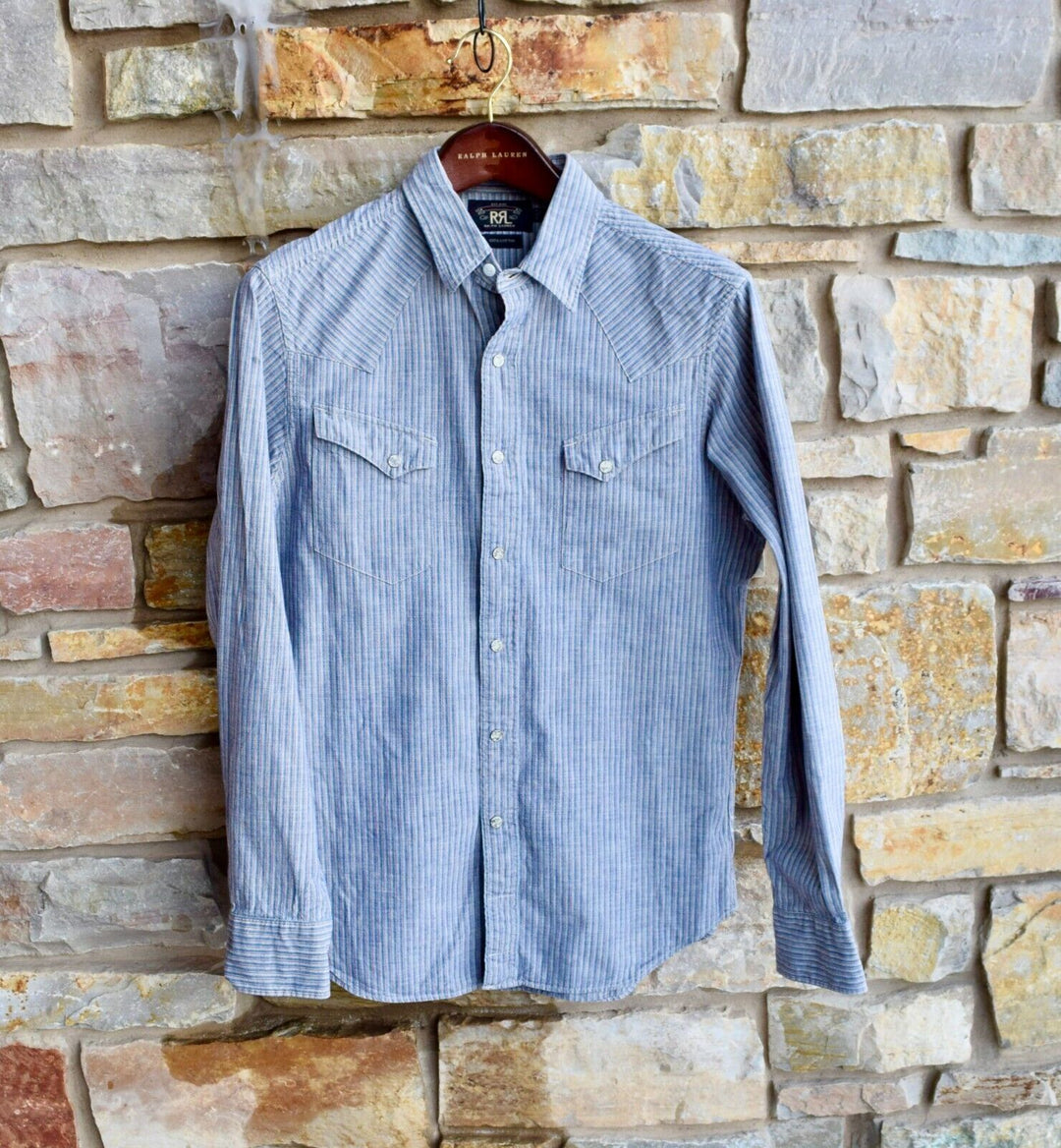 New RRL Ralph Lauren Blue Western Striped Slim Red Cotton Men's Shirt Medium M