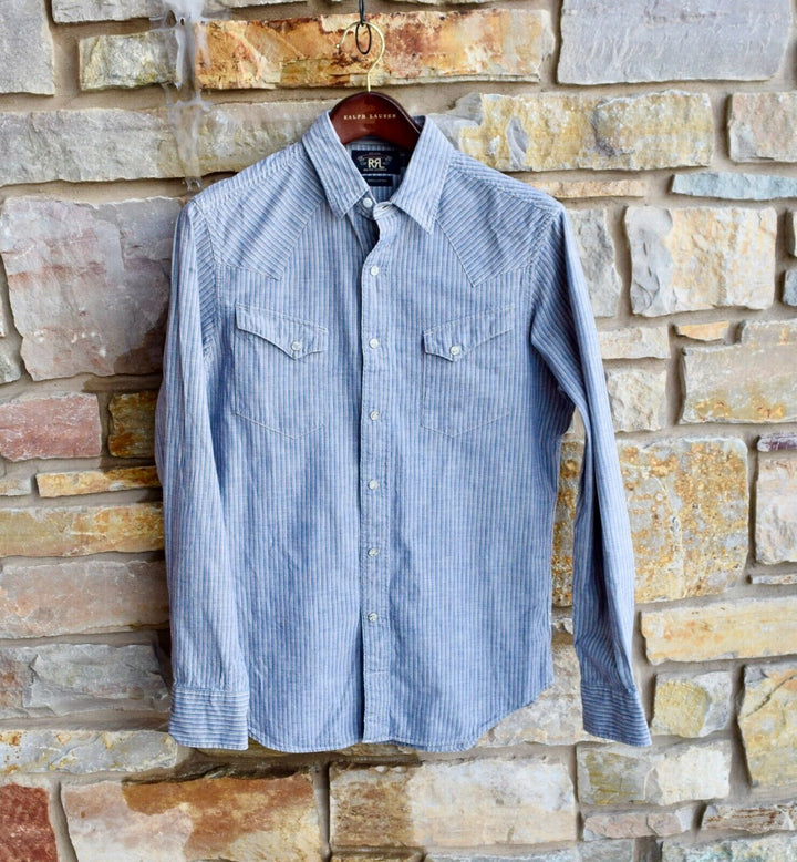 New RRL Ralph Lauren Blue Western Striped Slim Red Cotton Men's Shirt Medium M