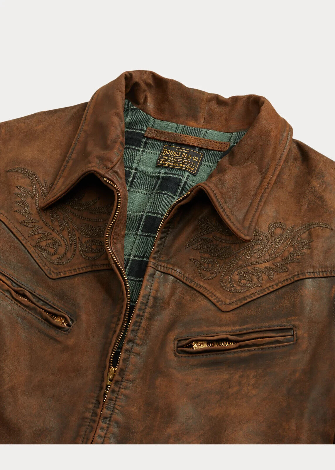 RRL Ralph Lauren Brown Embroidered Leather Jacket Coat Western