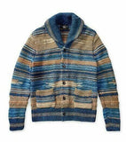 New RRL Ralph Lauren Blue Hand-Knit Brown Shawl Cardigan Sweater Men's Small S