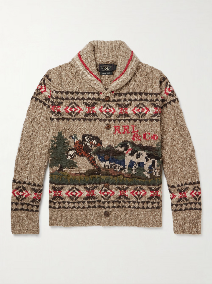 RRL Ralph Lauren Dog Hunting Wool Linen Blend Hand Knit Cardigan Men's Large L