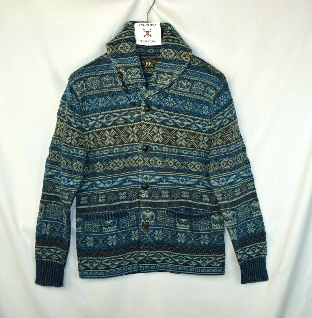RRL Ralph Lauren Indigo Fair Isle Blue Heavy Fisherman Cardigan Men's S Small