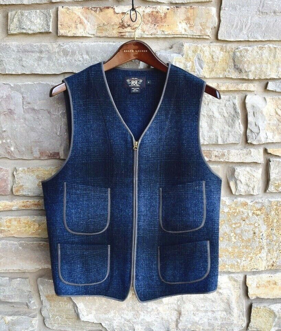 New RRL Ralph Lauren Blue Black Wool Plaid Shadow Vest Men's Medium M