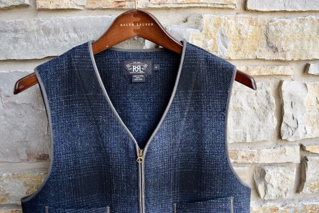 New RRL Ralph Lauren Blue Black Wool Plaid Shadow Vest Men's Medium M