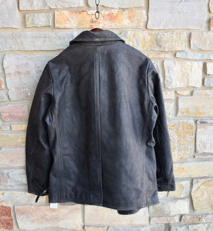 New RRL Ralph Lauren Leather Brown/Gray Peacoat Jacket Coat Lined Men's Large L