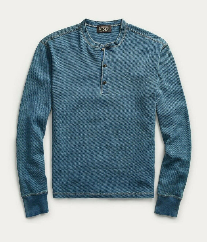 New RRL Ralph Lauren Indigo Blue Jacquard-Knit Henley Shirt Men's XL Extra-Large