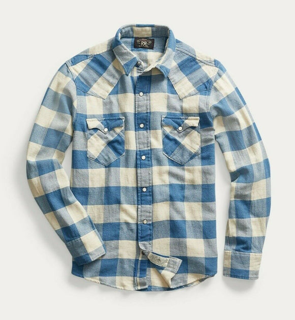 RRL Ralph Lauren Check Cream Blue Western Shirt Snap Slim M Medium Shirt L/S