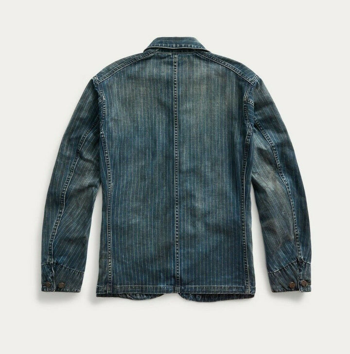RRL Ralph Lauren Indigo Striped Twill Coat Jean Denim Jacket Chore Men's 2XL XXL