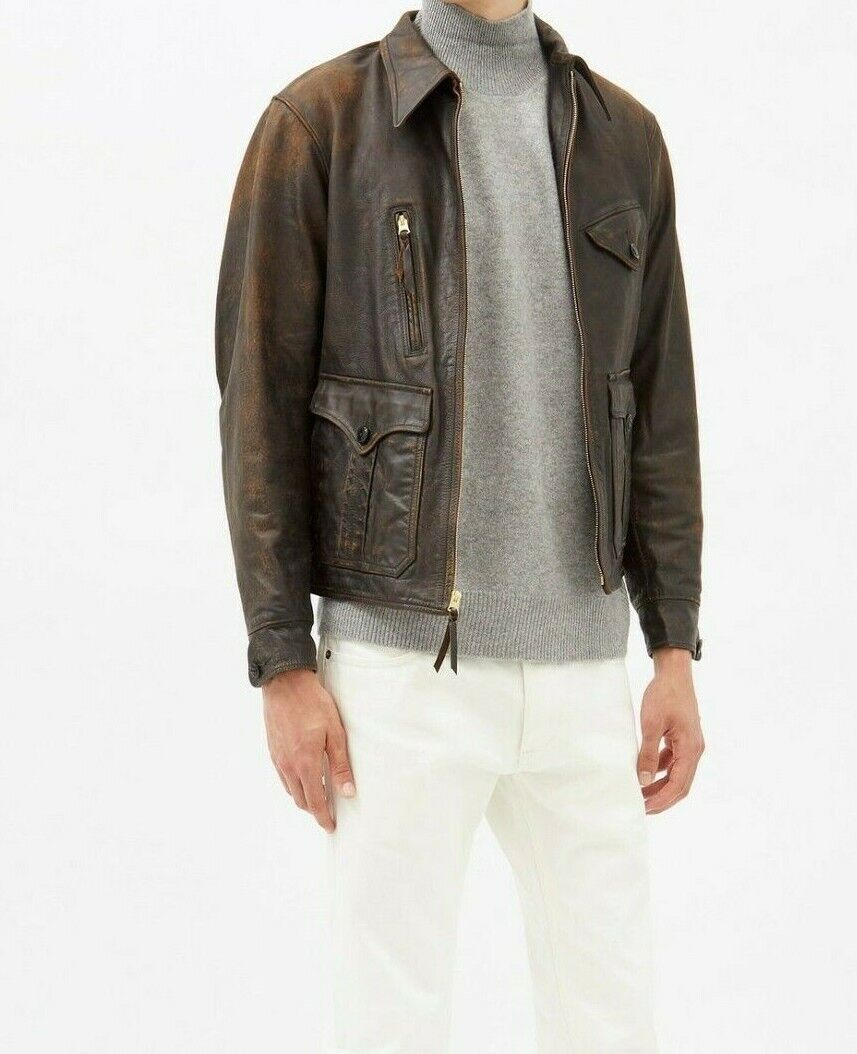 RRL Ralph Lauren Brown Emsworth 1900s Leather Jacket Newsboy Men