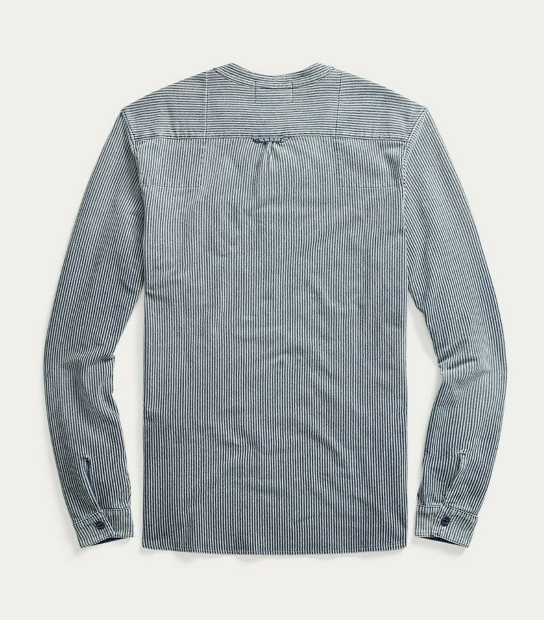 RRL Double RL French Work Popover Men's Striped Band Collar Shirt Blue M Medium