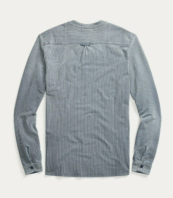 RRL Double RL French Work Popover Men's Striped Band Collar Shirt Blue M Medium
