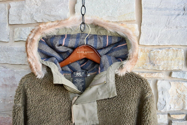 RRL Ralph Lauren Green Real Fur Fleece Hoodie Jacket Men's XL Extra-Large