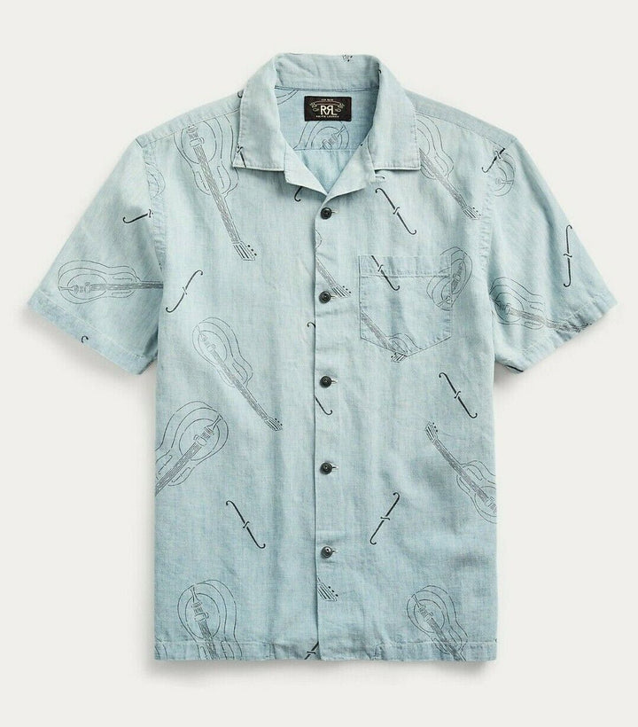 RRL Ralph Lauren 1940s Vintage Guitar Print Chambray Linen Shirt Men's S Small