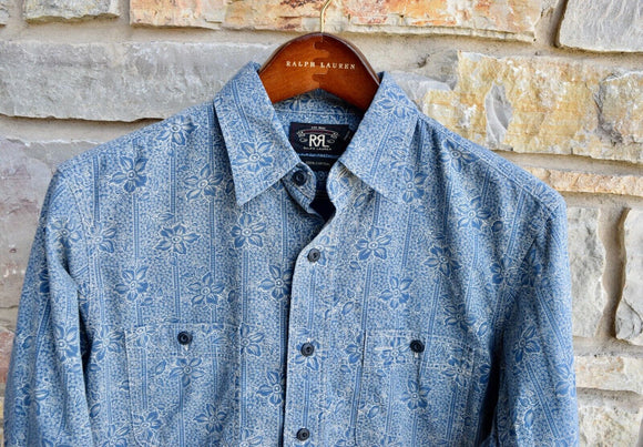 RRL Ralph Lauren Blue Floral Print Bandanna Shirt Workshirt Men's Medium M