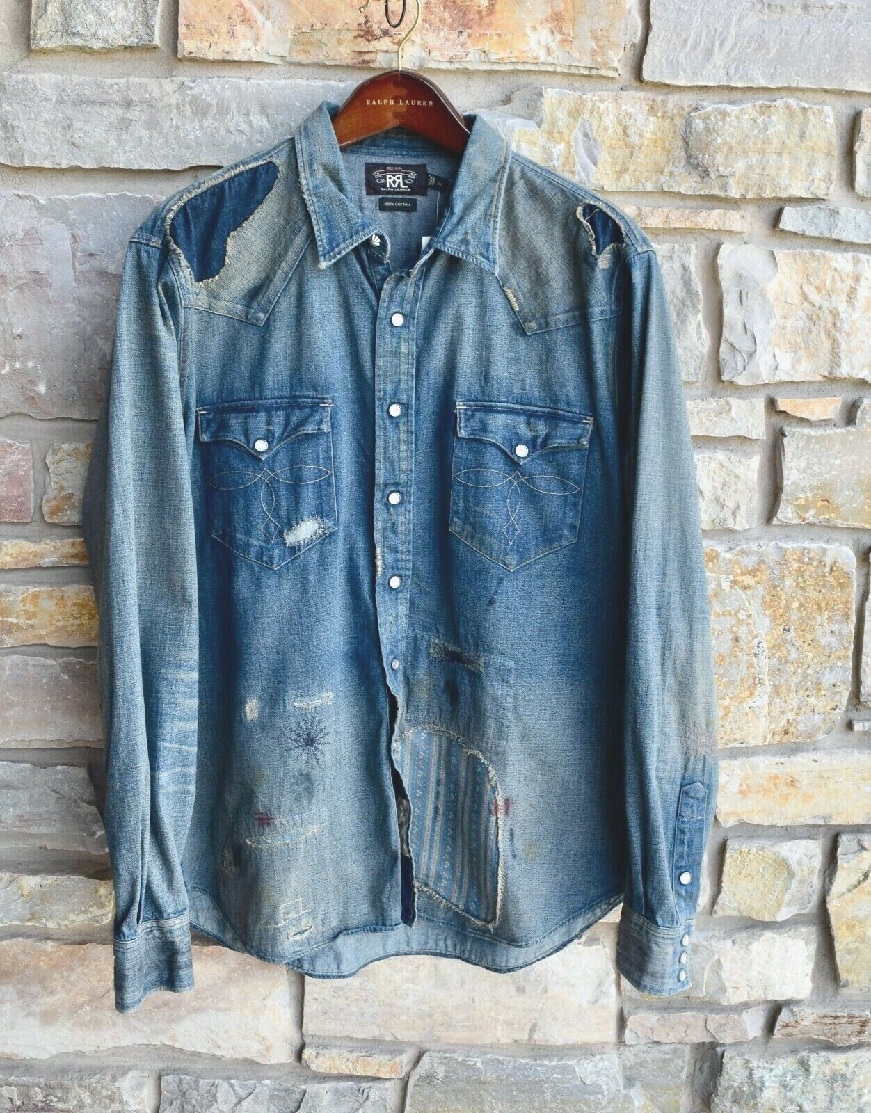 RRL Ralph Lauren Repaired Distressed Destroyed Western Snap Shirt