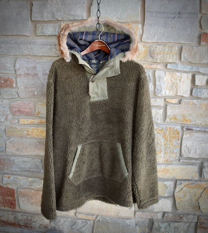 RRL Ralph Lauren Green Real Fur Fleece Hoodie Jacket Men's XL Extra-Large