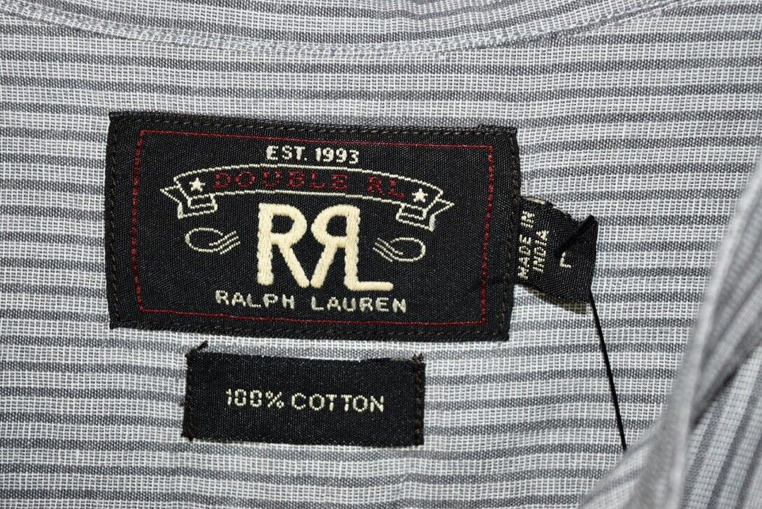 RRL Ralph Lauren Striped Band Collar Button Dress Gray Work Shirt Men's Large L