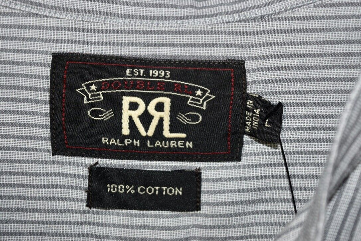 RRL Ralph Lauren Striped Band Collar Button Dress Gray Work Shirt Men's Large L