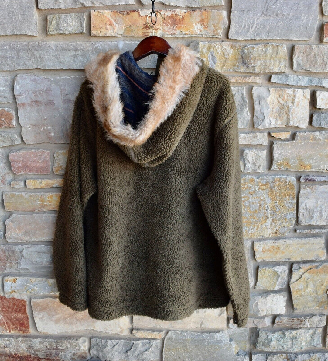 RRL Ralph Lauren Green Real Fur Fleece Hoodie Jacket Men's XL Extra-Large