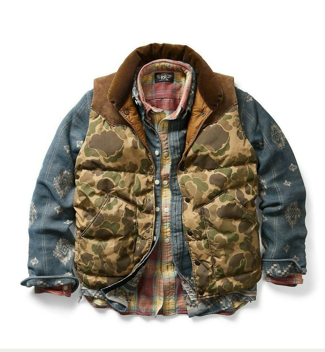 RRL Ralph Lauren Camo Quilted Down Vest Leather Jacket Coat Men's 2XL XXL