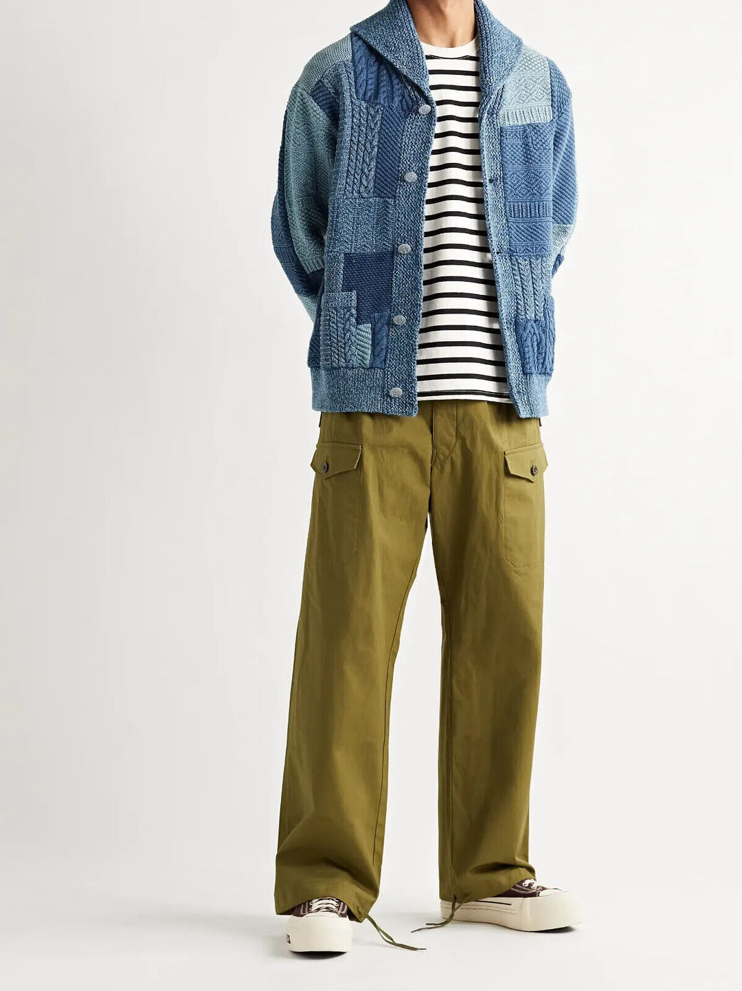 RRL Ralph Lauren Indigo Blue Shawl Patchwork Cashmere Cardigan Men's M Medium