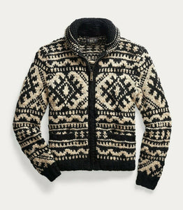 RRL Ralph Lauren Shawl Hand-Knit Geometric Cardigan Black Cream Men's S Small