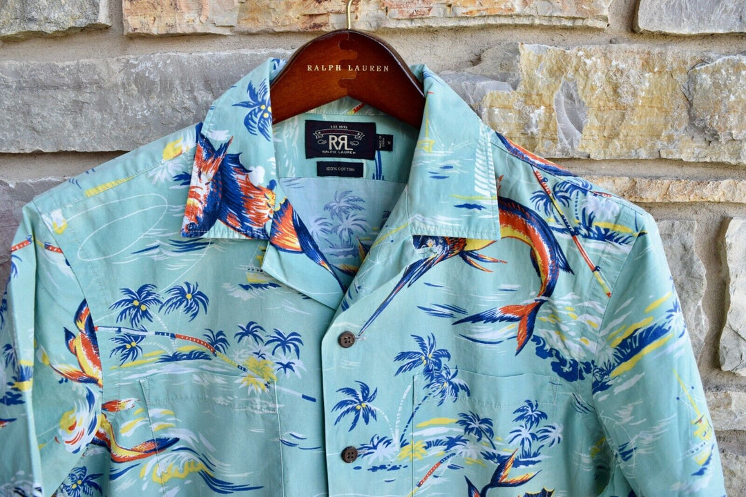 RRL Ralph Lauren Vintage Hawaiian Tropical Marlin Print Shirt Men's Small S Camp