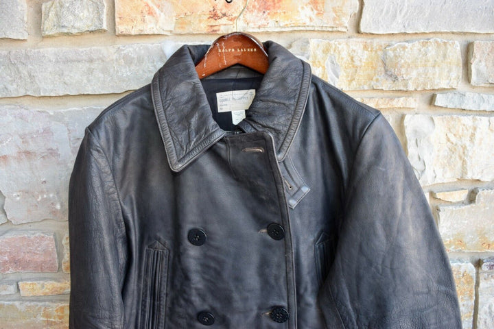 New RRL Ralph Lauren Leather Brown/Gray Peacoat Jacket Coat Lined Men's Small S