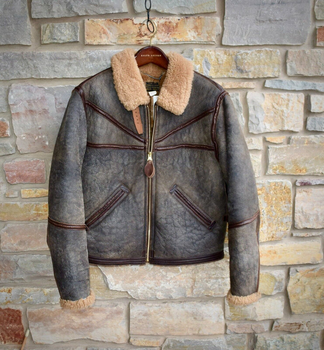 RRL Double RL Ralph Lauren Leather Brown Shearling Military Jacket Men's 2XL XXL
