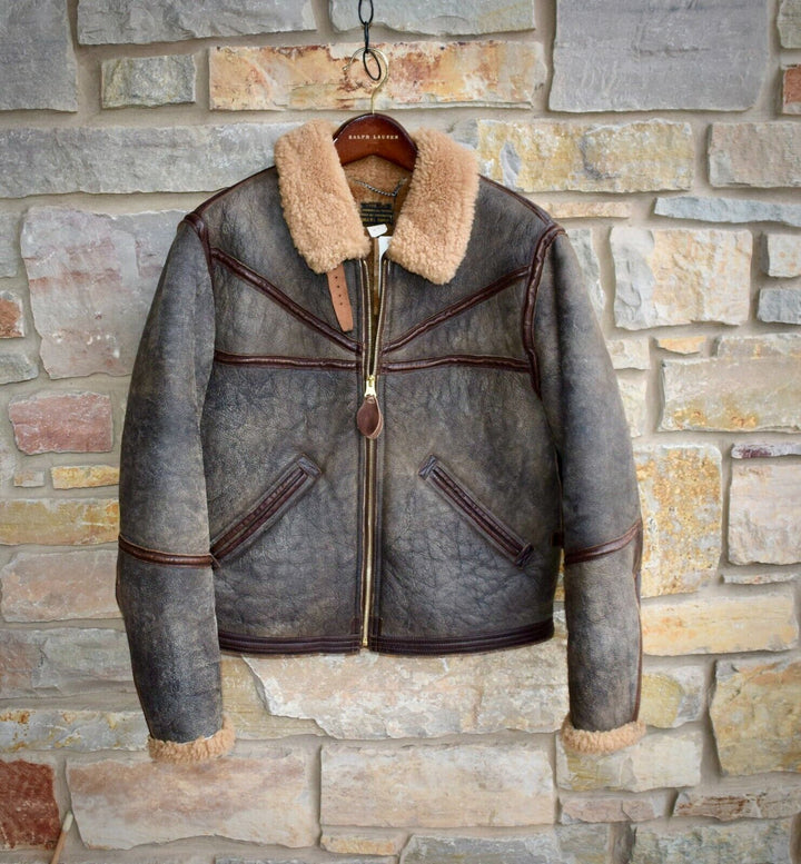 RRL Double RL Ralph Lauren Leather Brown Shearling Military Jacket Men's 2XL XXL