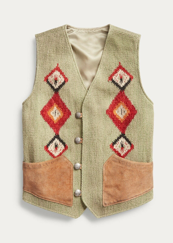 RRL Double RL Ralph Lauren Suede-Trim Handwoven Jacquard Vest Men's Large L