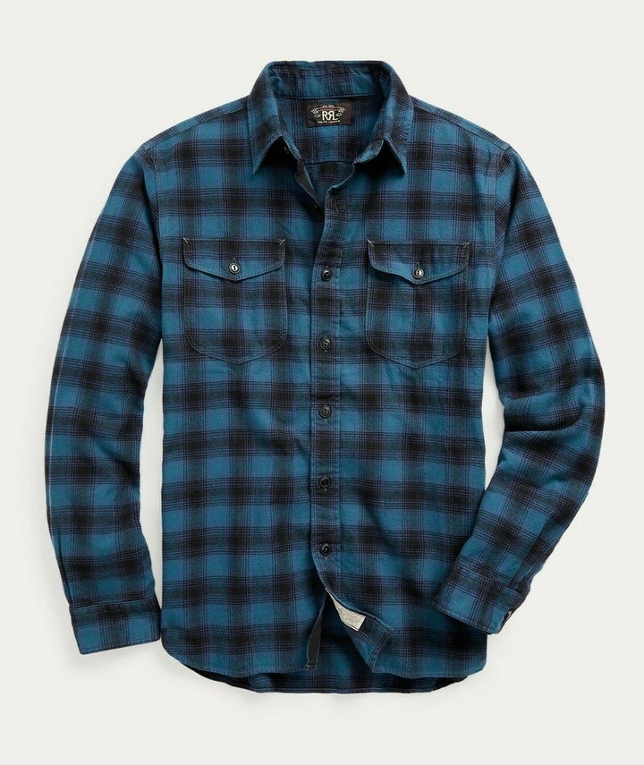 New RRL Ralph Lauren Brushed Plaid Twill Indigo Shirt Workshirt Men's S Small