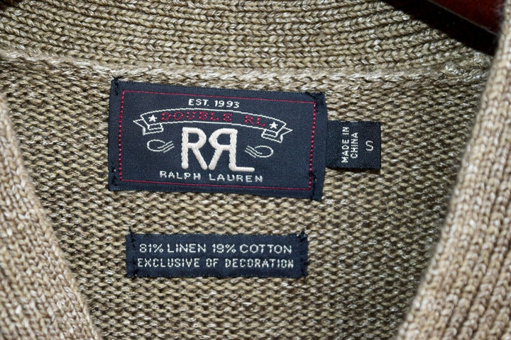 RRL Ralph Lauren Green Linen Knit Henley Military Elbow Sweater Men's Small S