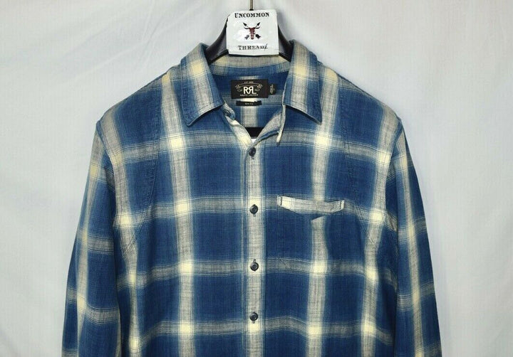 RRL Ralph Lauren Plaid Blue Cream Check Workshirt Flannel Slim XL Extra-Large