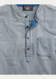 RRL Double RL French Work Popover Men's Striped Band Collar Shirt Blue M Medium
