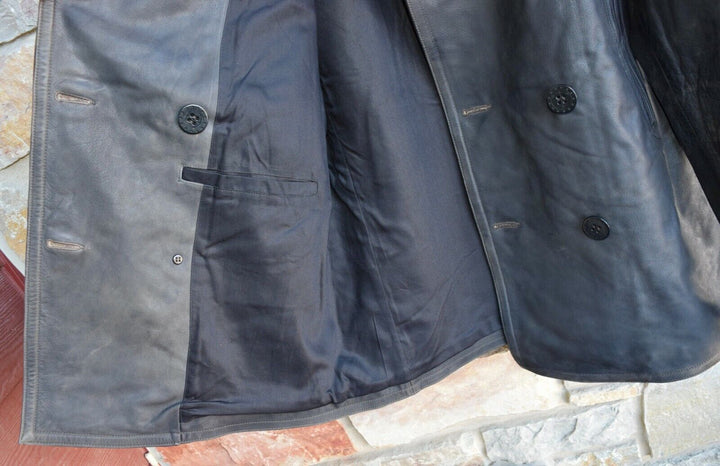 New RRL Ralph Lauren Leather Brown/Gray Peacoat Jacket Coat Lined Men's Small S