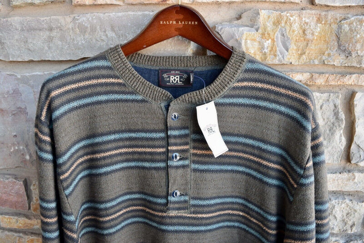 New RRL Ralph Lauren Silk Blend Olive Green Striped Henley Sweater Men's 2XL XXL