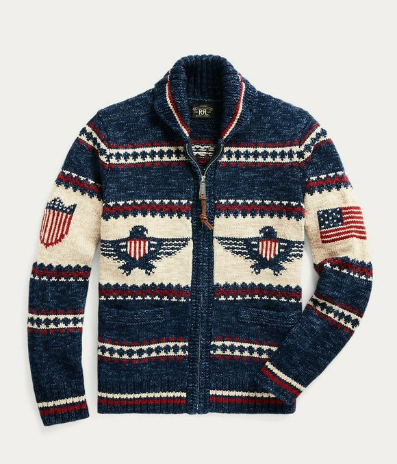 RRL Ralph Lauren Logo Cotton-Blend Full Zip Cardigan Americana