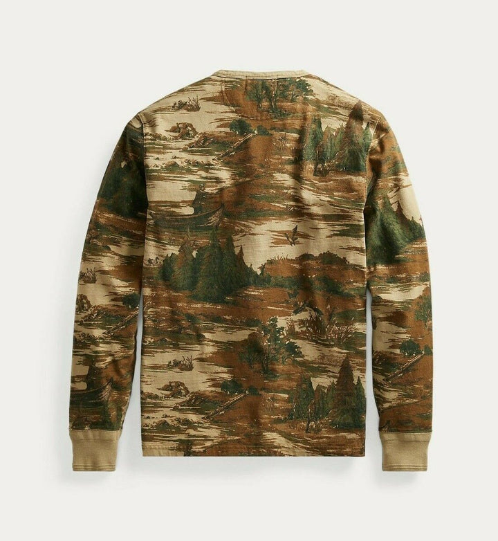 RRL Ralph Lauren Wetlands Cotton Jersey Henley Brown Green Shirt Men's 2XL XXL