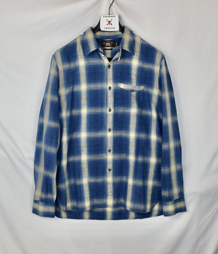 RRL Ralph Lauren Plaid Blue Cream Check Workshirt Flannel Slim XL Extra-Large