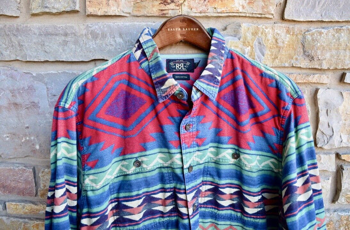 RRL Ralph Lauren Cotton Blue Southwest Shirt Beacon Henley Men's 2XL XXL