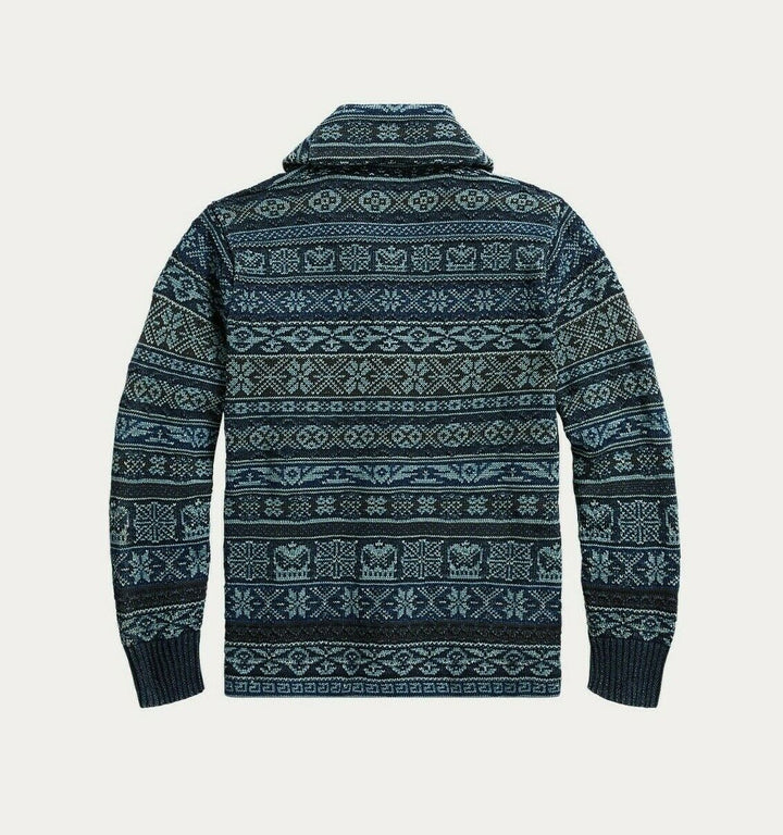 RRL Ralph Lauren Indigo Fair Isle Blue Heavy Fisherman Cardigan Men's S Small