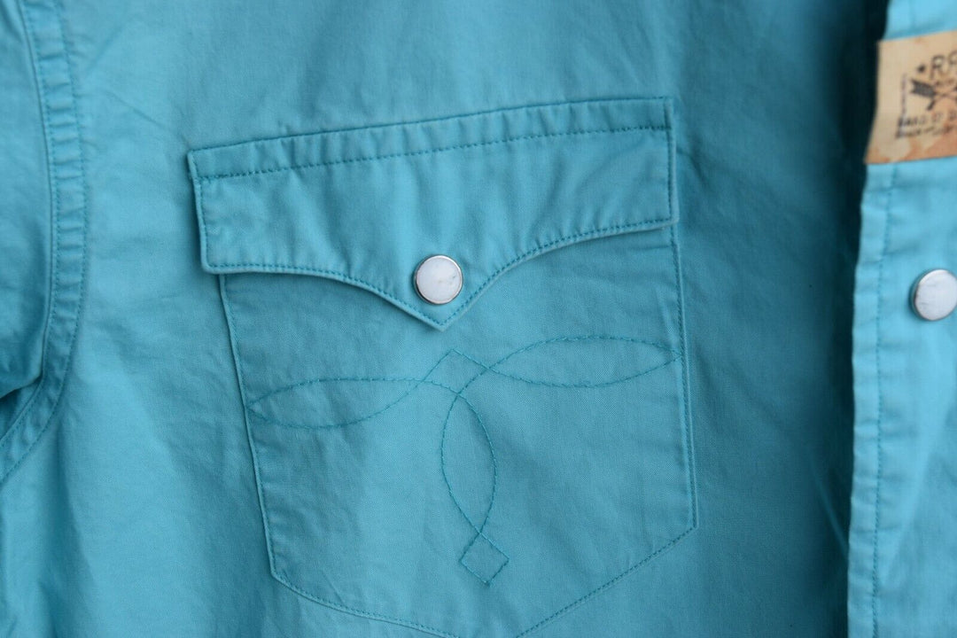 New RRL Ralph Lauren Blue Western Snap Solid Teal Cotton Men's Shirt Medium M