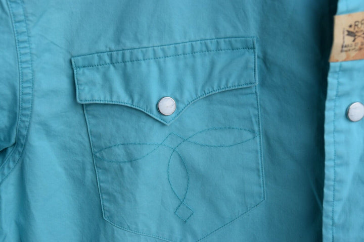 New RRL Ralph Lauren Blue Western Snap Solid Teal Cotton Men's Shirt Medium M