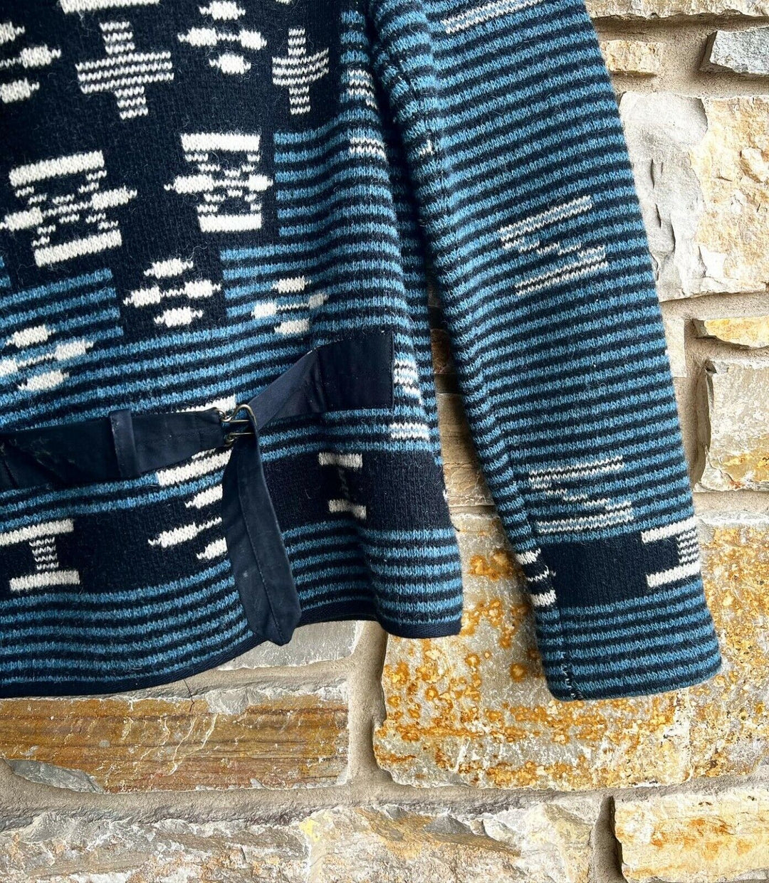 New RRL Ralph Lauren Blue Geometric Rare Shawl Wool-Knit Cardigan Men's Small S
